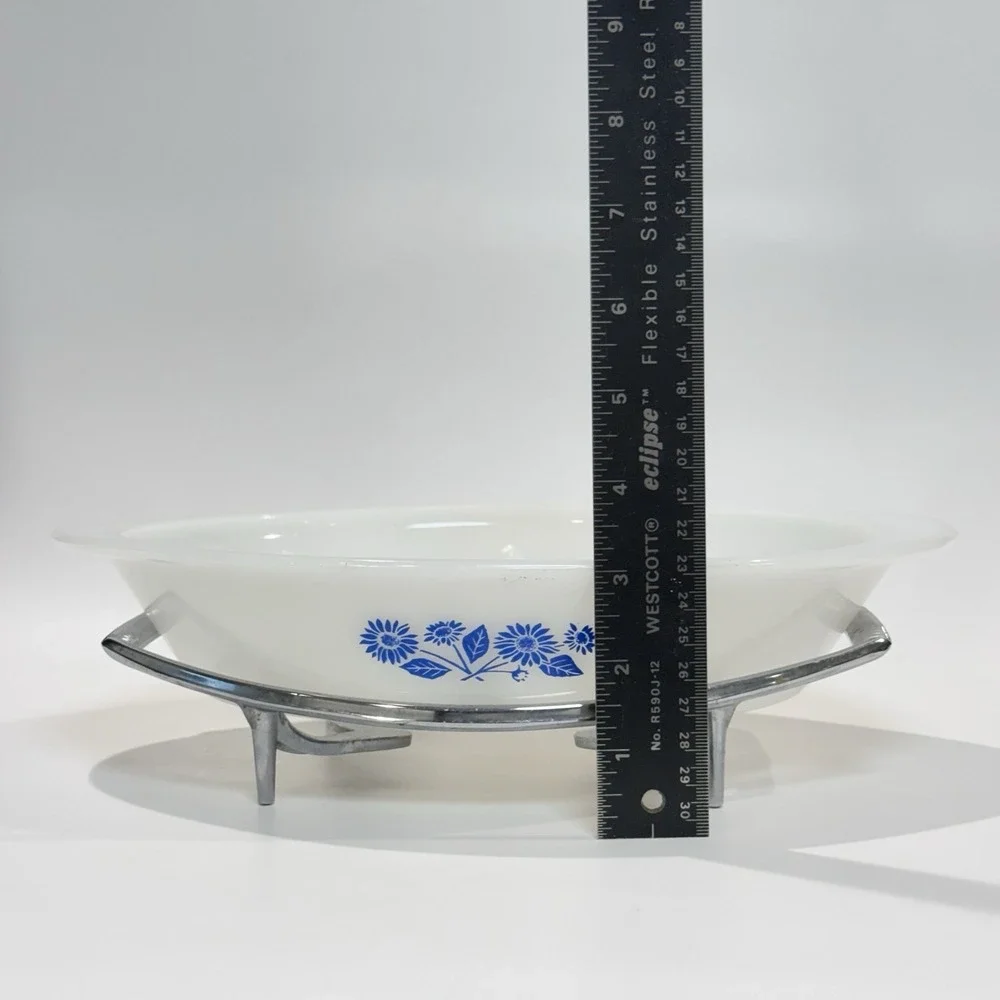 Vintage Glasbake Milk Glass Dish‎ w Blue Flower & Corning Ware Silver Stand
